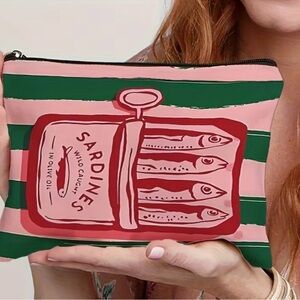Sardines Graphic Zip Pouch in Pink & Green Retro Makeup Cosmetic Bag